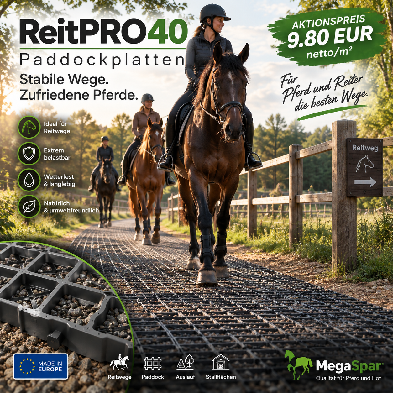 ReitPRO 40 Paddockplatten für Reitwege – stabile Bodenbefestigung für Pferde