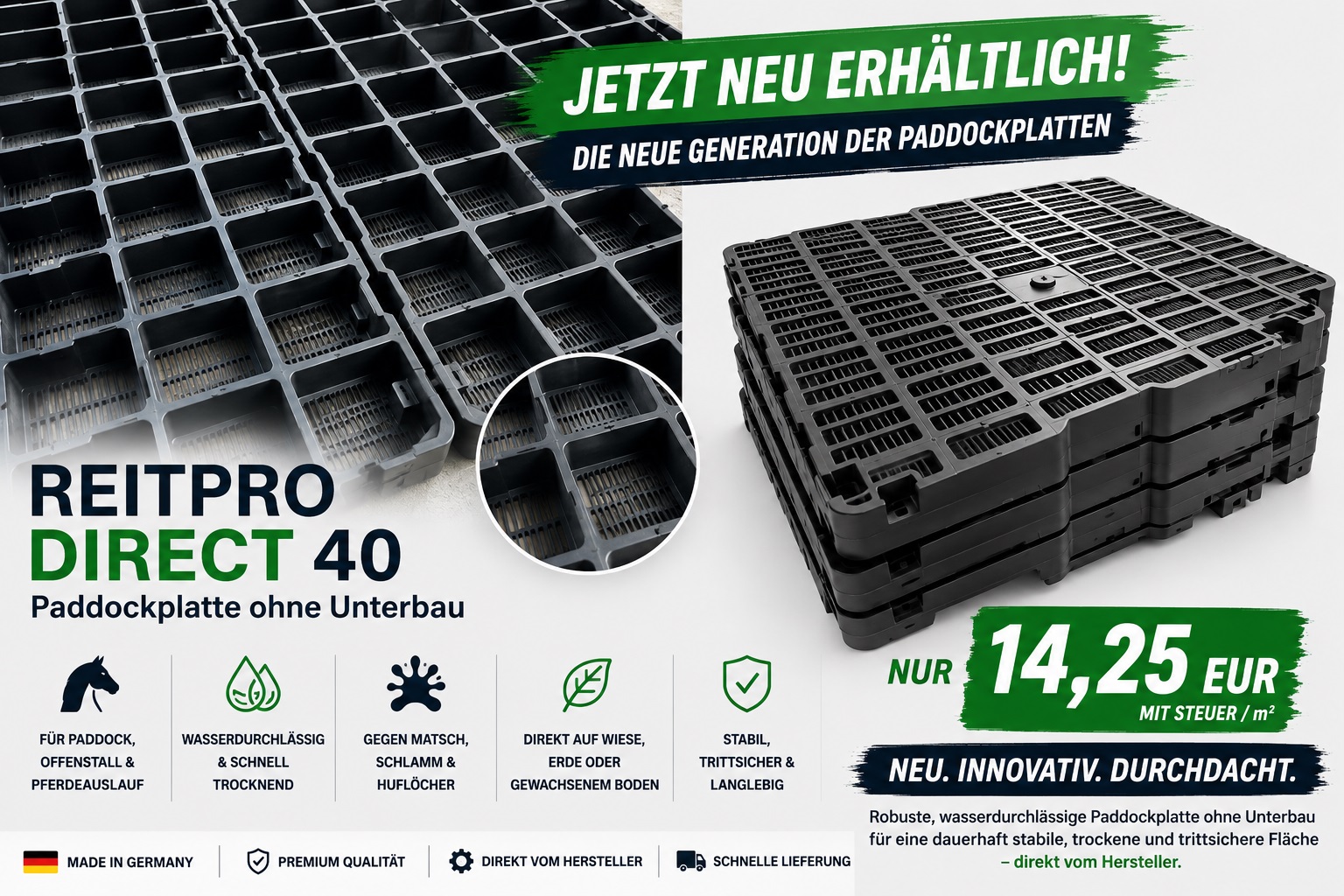 ReitPRO Direct 40 – Paddockplatten ohne Unterbau ReitPRO Direct 40 – Paddockplatten ohne Unterbau für Offenstall und Pferdeauslauf