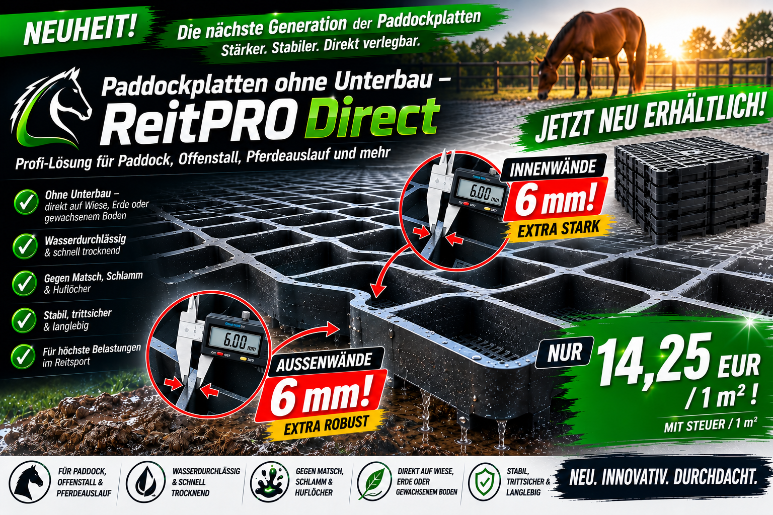 ReitPRO Direct 40 – Paddockplatten ohne Unterbau Paddockplatten ohne Unterbau ReitPRO Direct 40 für Pferde